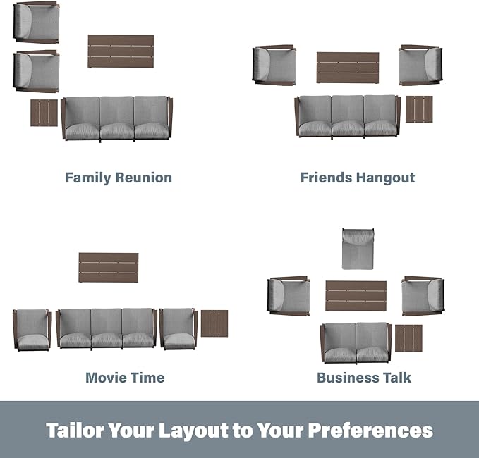 HDPE Patio Conversation Set, 7-Piece All Weather Outdoor Furniture Set with 2 Single Rocking Armchairs for Deck, Lawn, with Cushion, Brown