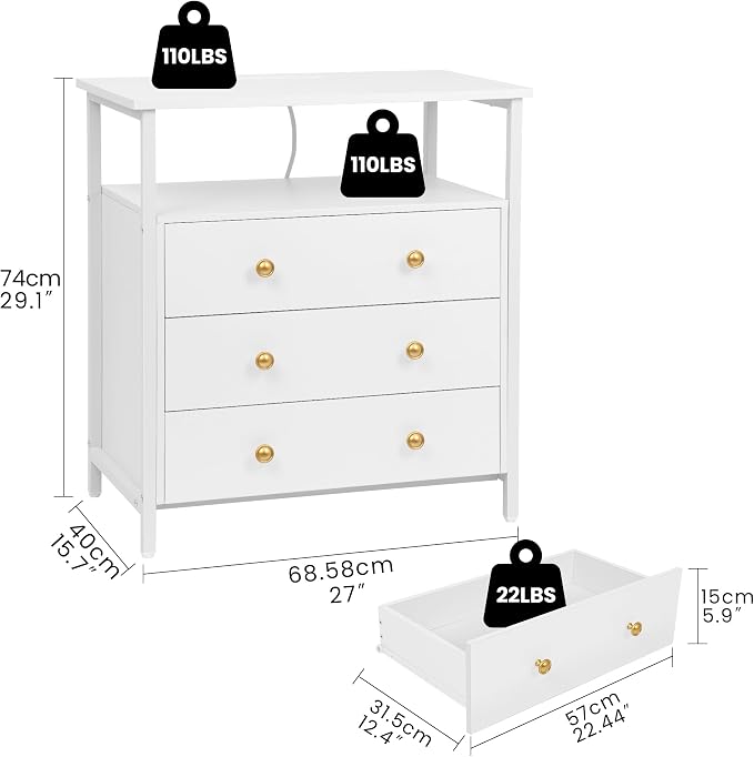 Edbuosy 3 Wooden Drawers Nightstand, 27 Inch Wide Night Stand Set 2 with Charging Station and Adjustable Drawers, Small Dresser for Closet, Bedside Table for Living Room/Bedroom/Office, White. - Image 2