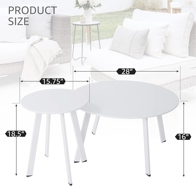 Meluvici Outdoor Patio Coffee Table Set of 2, Weather Resistant End Table, Round Nesting Tables for Living Room Balcony Office, White - Image 3