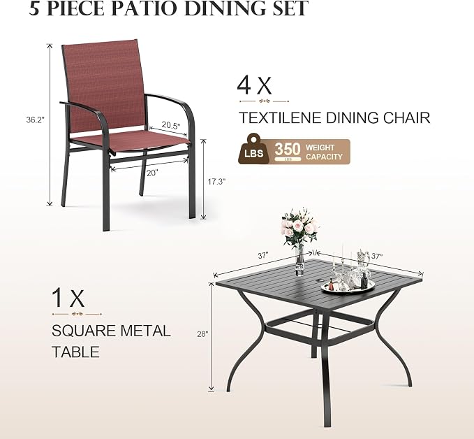 HERA'S HOUSE Red Patio Dining Set for 4, 5 Piece Outdoor Table and Chairs Set, 4 x Textilene Dining Chair, 37" Square Metal Dining Table, for Lawn Garden Backyard Deck - Image 6