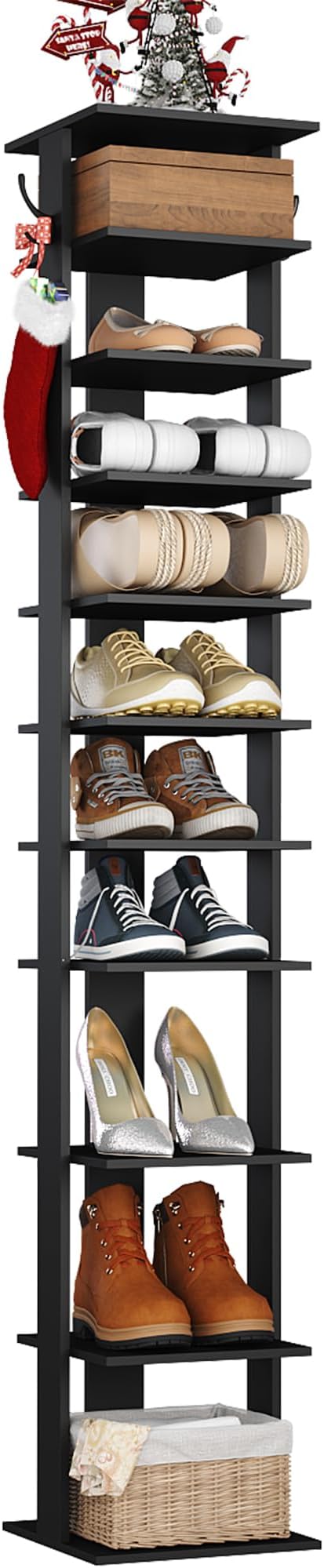 HOMEFORT 10-Tier Vertical Shoe Rack, Corner Shoe Tower, Slim Shoe Organizer with Two Hanging Hooks, Wooden Shoe Storage Stand for Entryway, Hallway, Closet (Black) by HOMEFORT