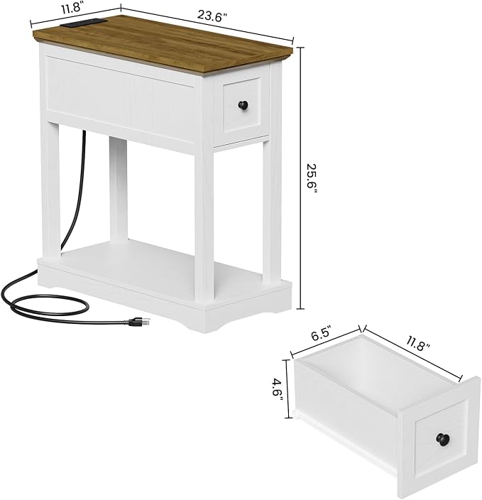 Nightstand Set of 2 with Charging Station, Side Table with Storage, Thicken Base, for Bedroom, Rustic Brown and White - Image 3
