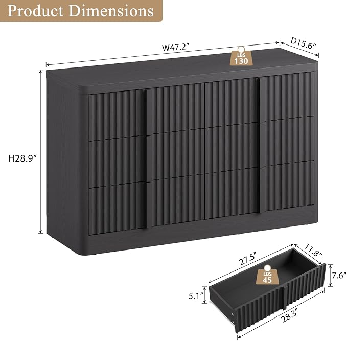 Fluted Dresser for Bedroom, 47" Wide 6 Drawer Dresser, Modern Chest of Drawers with Solid Wood Handle, Curved Profile Design, Wood Dressers Storage Organizer, Living Room, Hallway, Black - Image 2