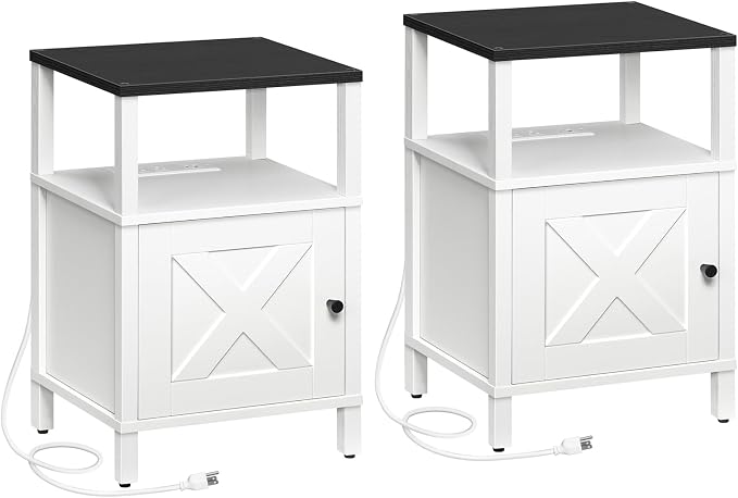 MAHANCRIS Set of 2 Farmhouse Nightstand with Charging Station, Black Bedside Table with USB & Type-C Ports, End Table with Storage and Open Shelf, White Night Stand for Bedroom, ETBW96E01S2 by MAHANCRIS