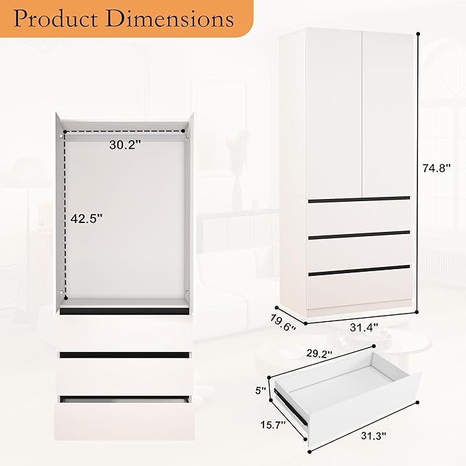 White Armoire Wardrobe Closet with 2 Doors, 75" Bedroom Wardrobe Closet for Hanging Clothes, Modern Wood Storage Closets Cabinet with System (B+A+B, 94.5")