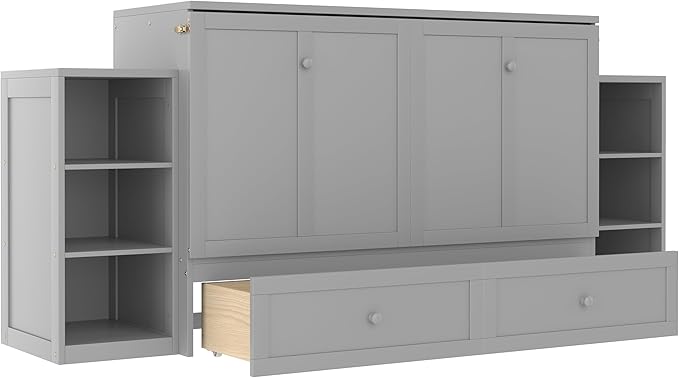 Bellemave Queen Size Murphy Bed, Cabinet Bed with 2 Shelves and Storage Drawers, Farmhouse Murphy Cabinet, Noisy Free, for Guest Bedroom, Living Room, Office, Light Gray