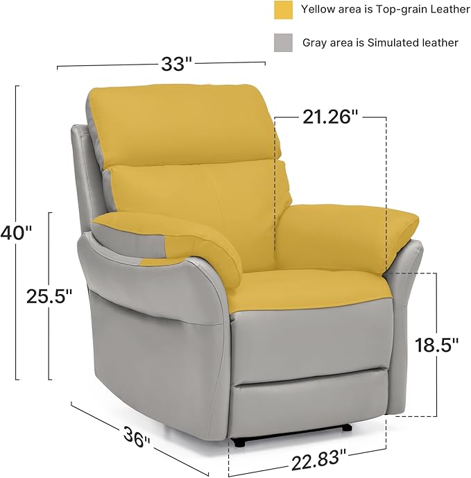 AIRSKY Genuine Leather Recliner Chair, Top Grain Leather, Italian Water-Washing Process, Living Room Chair with Lumbar Support,for Theater Seating, Bedroom, Grey,R1