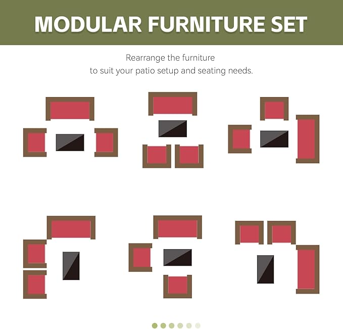 Patio Furniture Set 4 Pieces, Outdoor Rattan Furniture with Tempered Glass Coffee Table, Modern Rattan Patio Chairs Conversation Sets with Sofa for Garden, Terrace, Porch, Lawns Brown/Red
