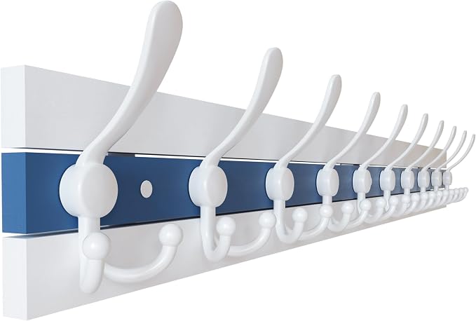 SKOLOO Coastal Wall Mounted Coat Rack - 38-1/8" Beach House Entryway Wooden Coat Hook with 10 Hooks for Hanging Coats, Hats or Towels, Oceanfront Cottage Core Collection, White & Blue by SKOLOO