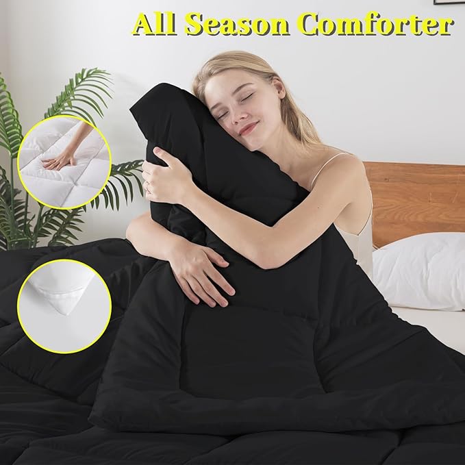 BedTreat Down Alternative Duvet Insert with Corner Tabs, All Season Quilted Bed Comforter Box-Stitched Full Comforter Black, Machine Washable Microfiber Bedding