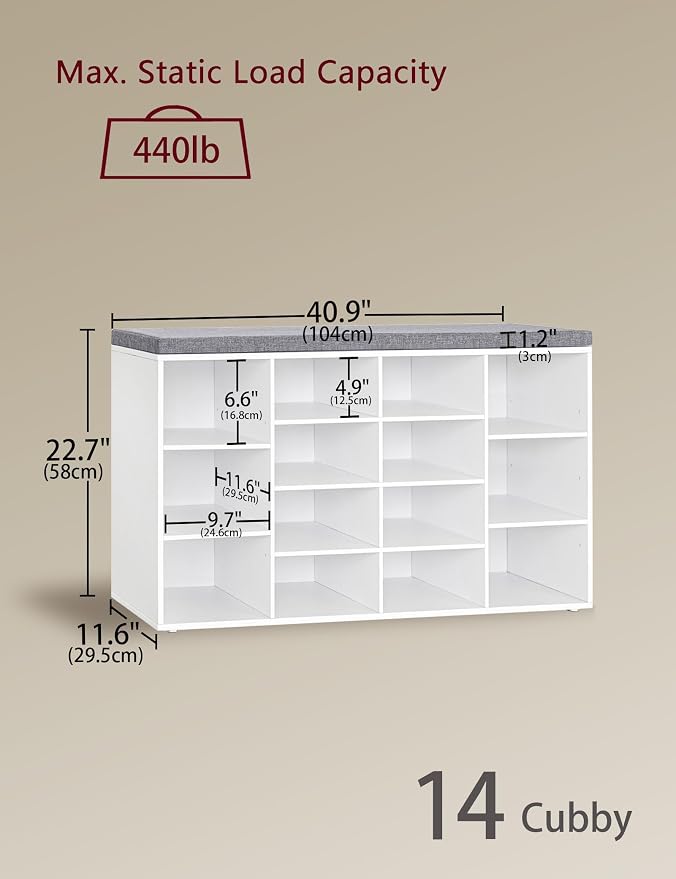 DINZI LVJ Shoe Storage Bench with Cushion, 14-Cubby Shoe Rack, Adjustable Shelves, Multifunctional Shoe Organizer Bench for Entryway, Mudroom, Hallway, Living Room, Bedroom and Garage, White - Image 3