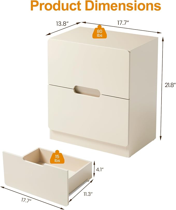 RoyalCraft Beige Nightstand with Drawers, Night Stand for Bedroom, Modern Bedside Table with Handless Design, Wood End Table for Living Room, Hallway - Image 2