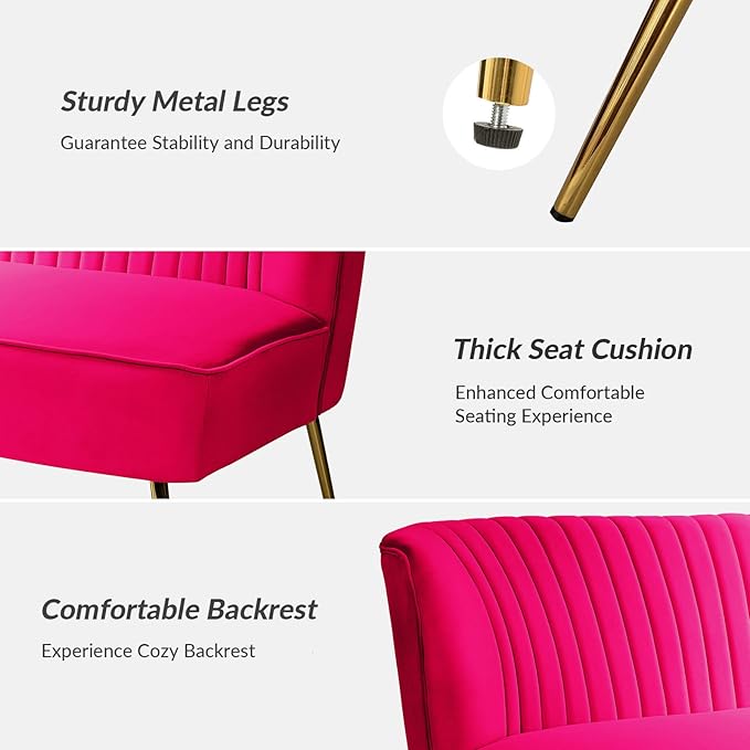 HULALA HOME 3 Piece Velvet Living Room Furniture Set, Modern Comfy Upholstered Chair Set with Golden Legs, include Loveseat & 2 Accent Chairs for Bedroom, FUCHSIA Tufted 2-Seater Sofa & Armless Chairs
