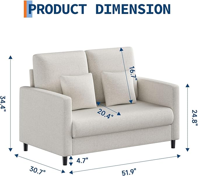 Garvee Loveseat Sofa, 52" Love Seat for Small Spaces, Mid Century Sofa Accent Chair, Solid Wood Frame, Tool-Free Assembly, Comfy Sofa Couch for Bedroom, Living Room, Beige