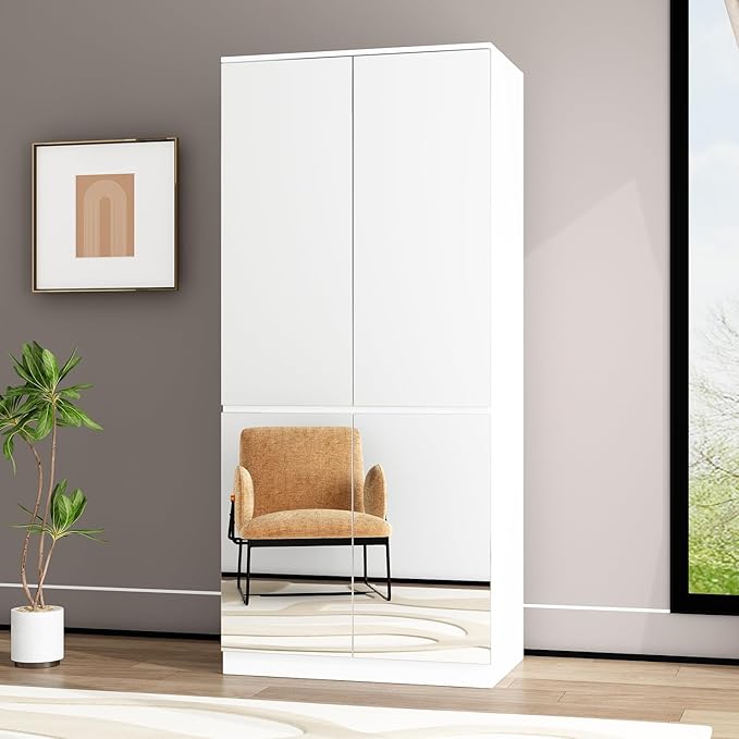 FUFU&GAGA Wardrobe with Mirror Doors, White Bedroom Armoire with Shelves, Hanging Rod, Mirror Wardrobe Closet Modern Clothes Storage Cabinet for Guest Room Cloakroom, 31.5”W x 19.7”D x 70.9”H