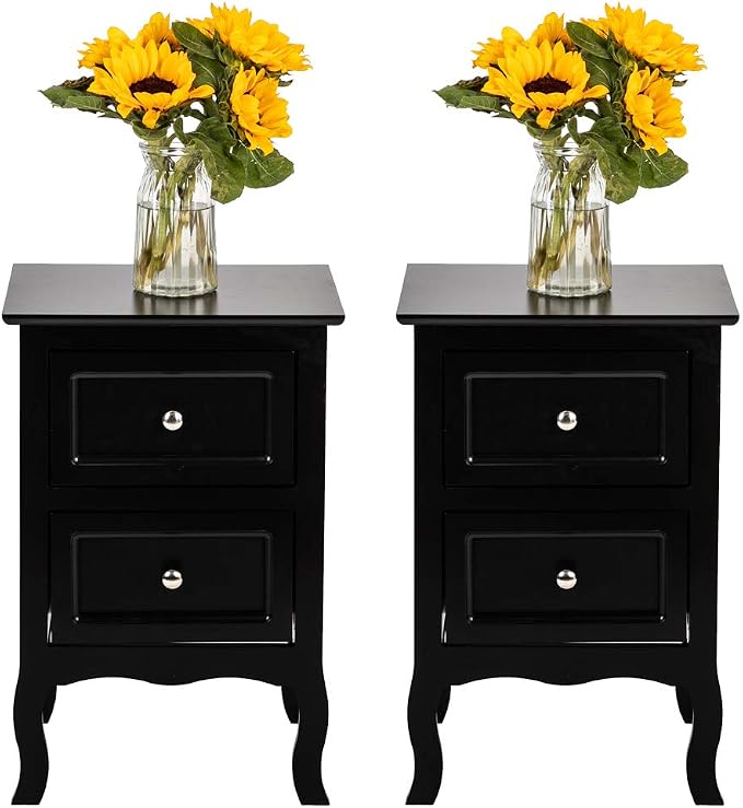 Karl home Black Nightstand Set of 2 for Bedroom, Vintage Small Night Stand with Drawers, Farmhouse Side Table, Wooden End Tables with Curved Legs for Office, Mid-Century - Image 7