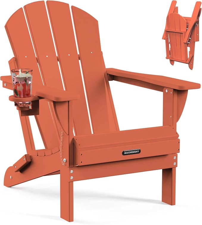 MUCHENGHY Folding Adirondack Chairs, Patio Chairs, Lawn Chairs, Outdoor Chair, Adirondack Chair Plastic, Fire Pit, Weather Resistant with Cup Holder for Deck, Backyard, Garden(Orange) by MUCHENGHY