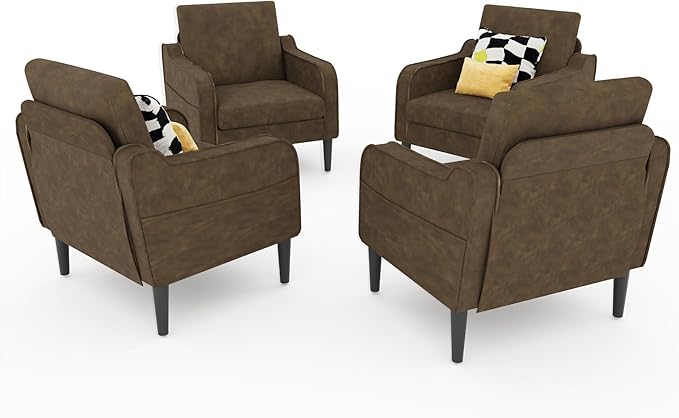 Ribilake Brown Accent Chair Set of 4 - Upholstered Armchair with Side Pockets, Comfy Living Room Arm Chair, Faux Leather Reading Accent Chairs for Bedroom, Living Room, Apartment, Office