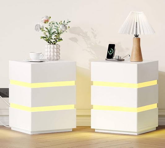 Night Stand Set 2,Nightstand with Charging Station and LED Lights, Night Stand with 3 Drawers, Modern End Table Side Table with USB Ports and Outlets, White (2) by Unknown