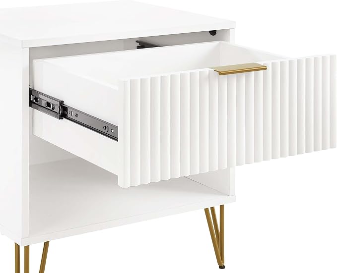 Manhattan Comfort Dumbo Modern Nightstand 1.0 with 1 Drawer and Metal Feet | Splayed Gold Legs | Vertical Ribbed Design | No Tool Assembly Storage for Bedroom & Living Room, Set of 2, White - Image 5