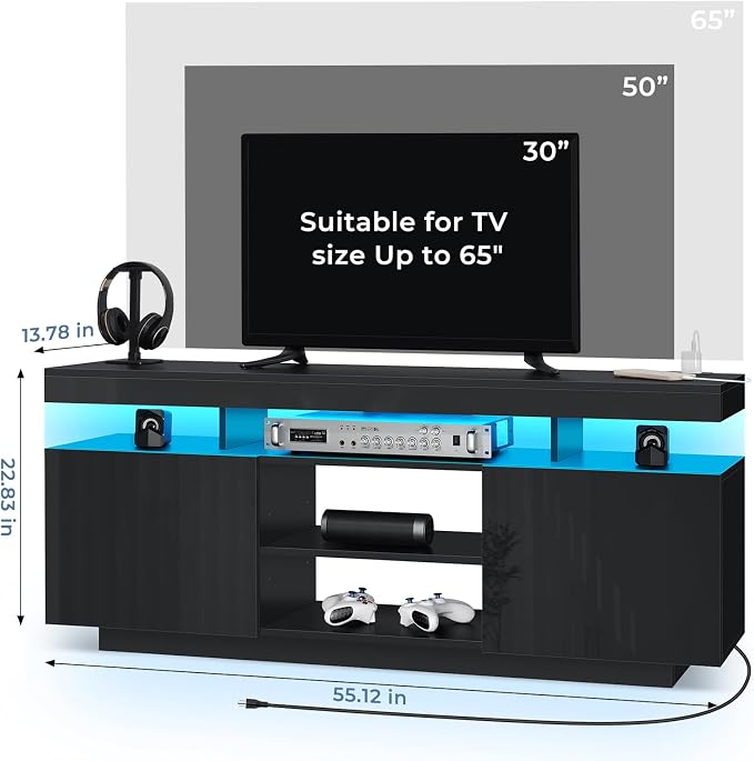 HOMMPA LED TV Stand for 65/60/55 inch TV Modern Entertainment Center with Power Outlets, Gaming TV Consoles with Storage Media Table with LED Lights Game Cabinet for Living Room Black - Image 9