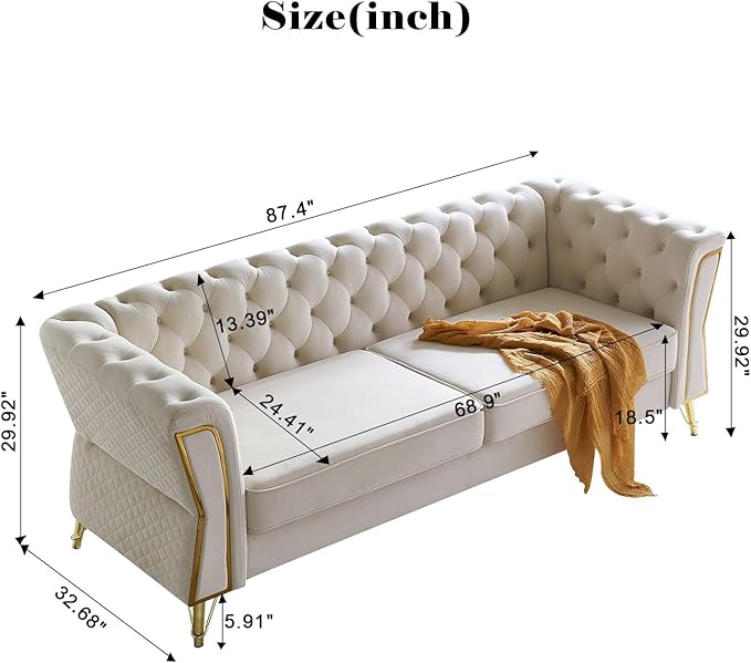 KEIKI 87" Chesterfield Velvet Button Tufted Sofa with High Density Foam Cushions, Modern Style 3-Seater Couch with Gold Strip Trim Decoration, Easy Assembly, for Apartment, Living Room, Office, Beige