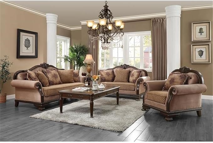Acme Chateau De Ville Fabric Loveseat with 3 Pillows in Beige and Espresso
