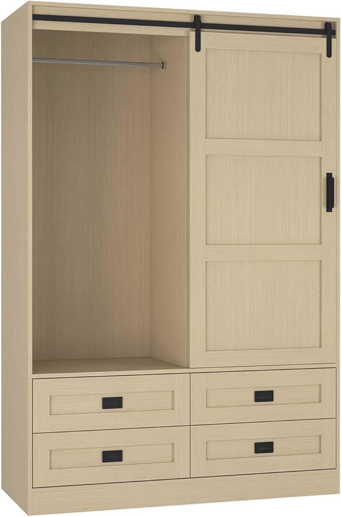 Armoire Wardrobe Closet with Sliding barn Door，Wardrobe Cabinet with 4 Storage Drawers and Hanging Rail,Freestanding Wooden Closet for Bedroom (Natural)