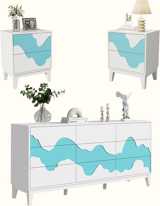 Anbuy Water Stream 9 Drawer Dresser and Water Stream Night Stand Sets for Bedroom, Two Drawers Nightstand Set of 2 & 9 Drawer Dresser Combo 3 Pieces (White)