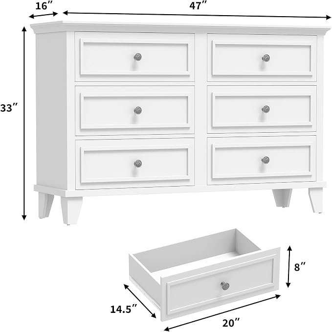 GAOMON Dresser for Bedroom, 6 Drawer Wide Dresser Storage Organizer, Modern Wooden Chest of Drawers with Metal Handles for Hallway, Entryway, Home Office, White - Image 2