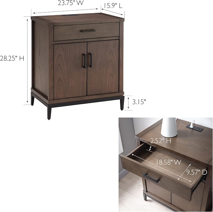 Leick Home Julien Nightstand Side Table One Drawer and Lower Cabinet Traditional – Fast Charging Station – Durable Solid Wood – Living Room, Bedroom, Office, Coffee Bean with Matte Black, 9079-GRMB - Image 3