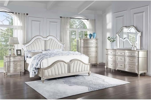 MAKLAINE 5-Piece Glam Wood Queen Bedroom Set, Silver Oak Finish, Ivory Upholstered Bed, Nightstand with USB Ports, Dresser with Jewelry Tray, Beveled Mirror, Chest; Elegant Storage Furniture for