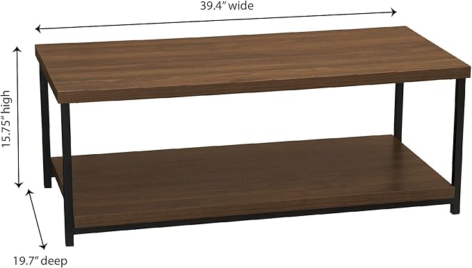Household Essentials Jamestown Rectangular Coffee Table with Storage Shelf Mid Century Walnut Wood Grain and Black Metal