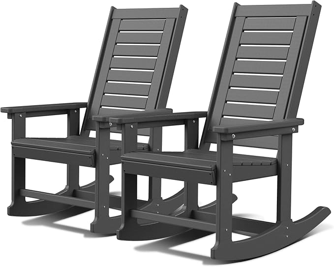 GREENVINES Outdoor Rocking Chairs | Set of 2 | Porch Rocker | HDPE Plastic | Grey | Oversized Rockers | High Back | Big & Tall | Ladder Back | for Patio Outside Backyard Balcony Garden by GreenVines