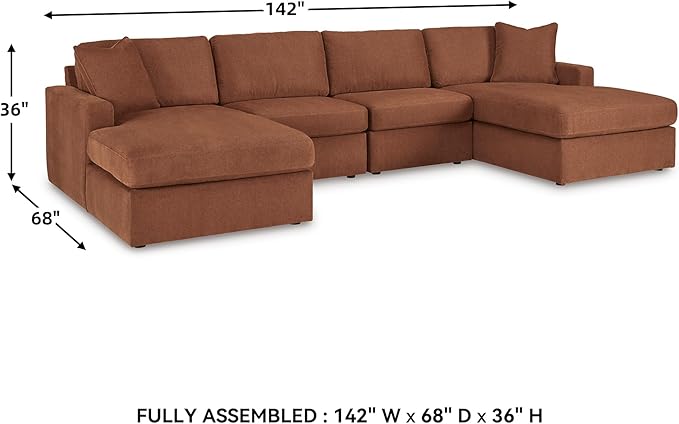 Signature Design by Ashley Modmax Stain Resistant Minimalist Modular Anti Sag 4-Piece Double Chaise Sectional with Loose Reversible Cushions and 2 Accent Pillows, Orange
