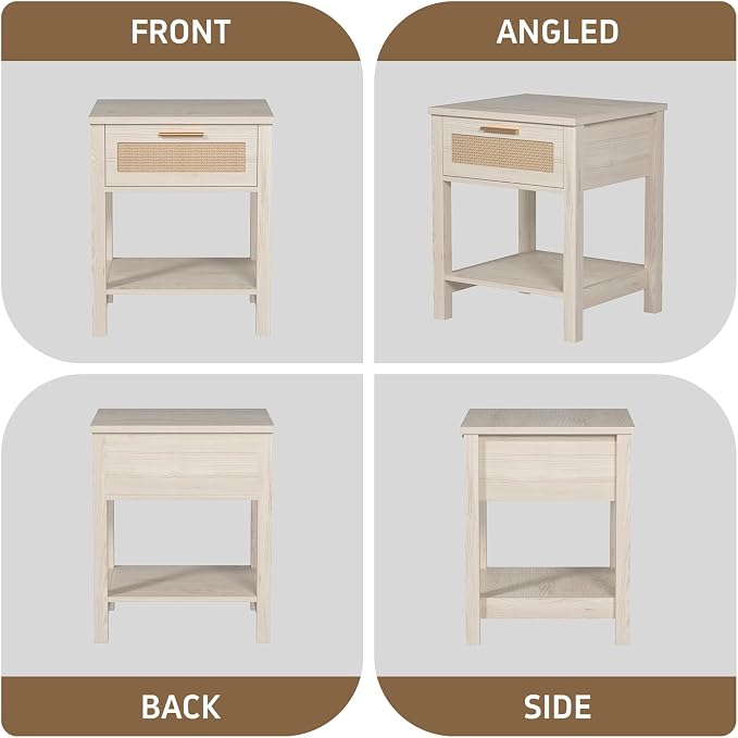 Set of 2 Nightstands, Modern End Table with Drawer and Storage Shelf, Rattan Night Stand for Bedroom Living Room Small Spaces, White Cream - Image 7