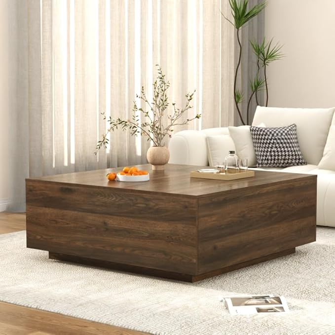 43 Inch Large Square Coffee Table with Storage,Modern Wooden Coffee Tables with 2 Drawers Storage for Living Room,Mid Century Tea Table/Aesthetic Coffee Table Center Table for Home Office(Walnut)
