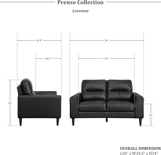Lexicon 2 Piece Living Room Furniture Sets, Top Grain Leather Leather Match Living Room Sofa Set, Track Arm, Solid Wood Legs, Comfy Couches Including Loveseat & Sofa, 2 Pieces, Black