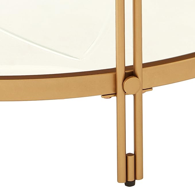32" Round Wood Coffee Table with Glass Bottom, Circle Coffee Table with Wood Top ＆ Metal Frame, Small Center Table for Living Room, Apartment (32" Dx32 Wx18 H, Gold)