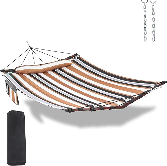 TegerDeger 12FT 2 Person Hammock Large Hammock 450LB Capacity with V Shaped Hardwood Spreader Bar & Nylon Rope for Outside, Patio, Garden, Backyard, Beach, Poolside - Coffee Stripes by Tegerdeger