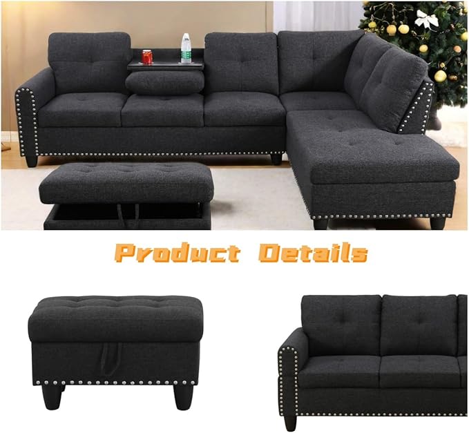 FONTOI L Shaped Sectional Couch with Otttoman, 97" Sectional Sofa for Living Room Flannel Modular Couches with Cup Holders for Bedroom, Apartments, Black Grey