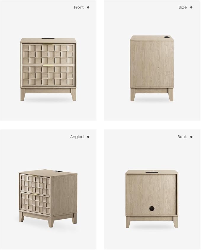COLAMY Nightstand with Charging Station, 2 Drawers Modern Bedside End Table Dresser, with Chessboard Relief and Wood Legs, for Bedroom, Closet and Small Space - Oak - Image 8