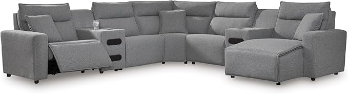 Signature Design by Ashley Modern ModMax II Stain Resistant U-Shape Left-Arm Facing 7-Piece Power Reclining Sectional with Chaise and Adjustable Headrest, Gray