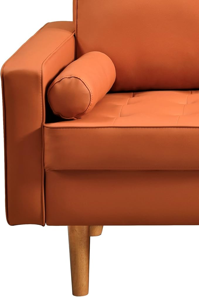 Container Furniture Faux Leather Sofa for The Modern Living Room with Removable Cushions and Solid Wood Legs, Luxury Style Button-Tufted Loveseat, 58" Wide, Red Orange