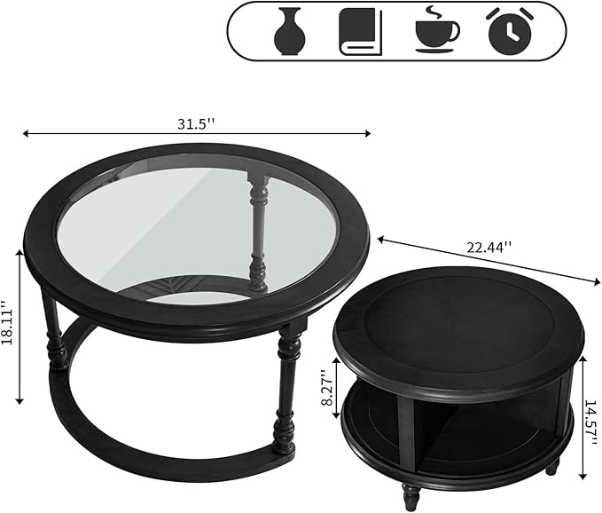 LKTART Nesting Coffee Table for Living Room, Round Tempered Glass Solid Wood Nest Coffee Tables with Storage, Retro Small Accent Center Table for Small Space Apartment (31.5''D×18''H-Balck)