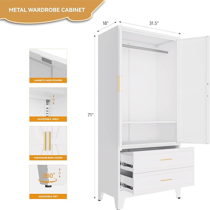 Metal Wardrobe Closet, Armoire Wardrobe with Two Drawers Clothes Cabinet for Bedroom, 71" Tall Farmhouse Steel Armoire Closet with Drawers and 2 Doors Clothing Storage Cabinet with Hanging Rod