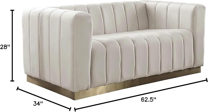 Meridian Furniture 603Cream-L Marlon Collection Modern | Contemporary Velvet Upholstered Loveseat with Deep Channlel Tufting and Brushed Gold Finish, Cream, 62.5" W x 34" D x 28" H