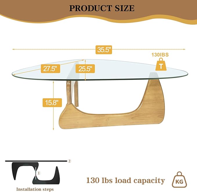 Glass Coffee Table, Mid Century Modern Light Wood Coffee Table with Tempered Glass Top and Wood Legs, Farmhouse Living Room Center Tables for Small Space, Easy Assembly