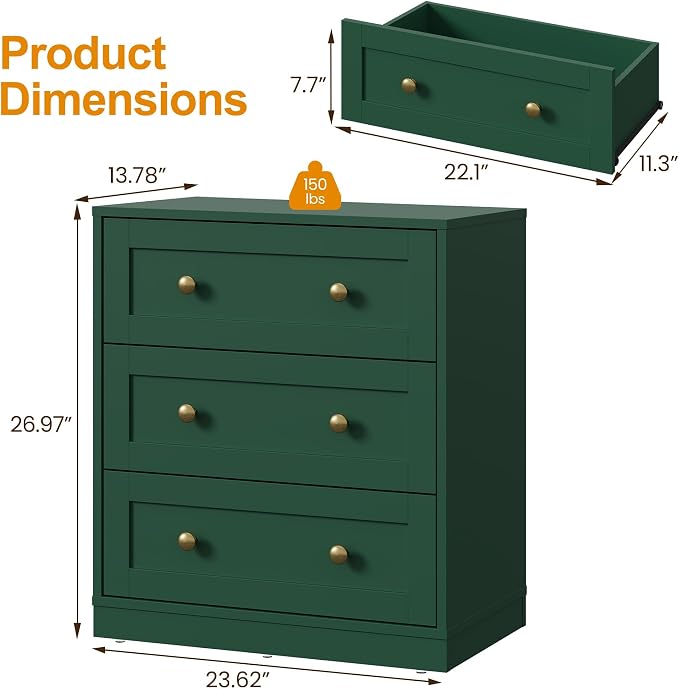 RoyalCraft Small 3 Drawer Dresser, Green Dresser for Bedroom, Wood Nightstand with Drawers, Modern Chest of Drawers for Closet, Living Room, Entryway - Image 2