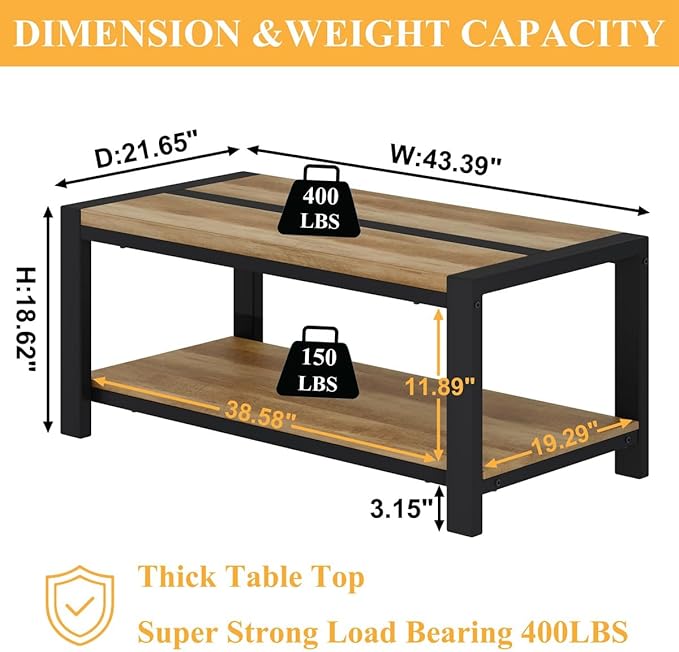 BON AUGURE 43 Inch Coffee Table, Wood and Metal Coffee Tables for Living Room, Rectangle Living Room Table, Small Farmhouse Center Tables for Home Office (Vintage Oak)